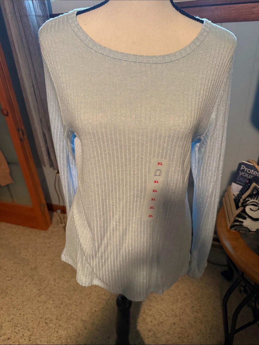 Old Navy Light Blue Shimmer Ribbed Long-Sleeve Tee